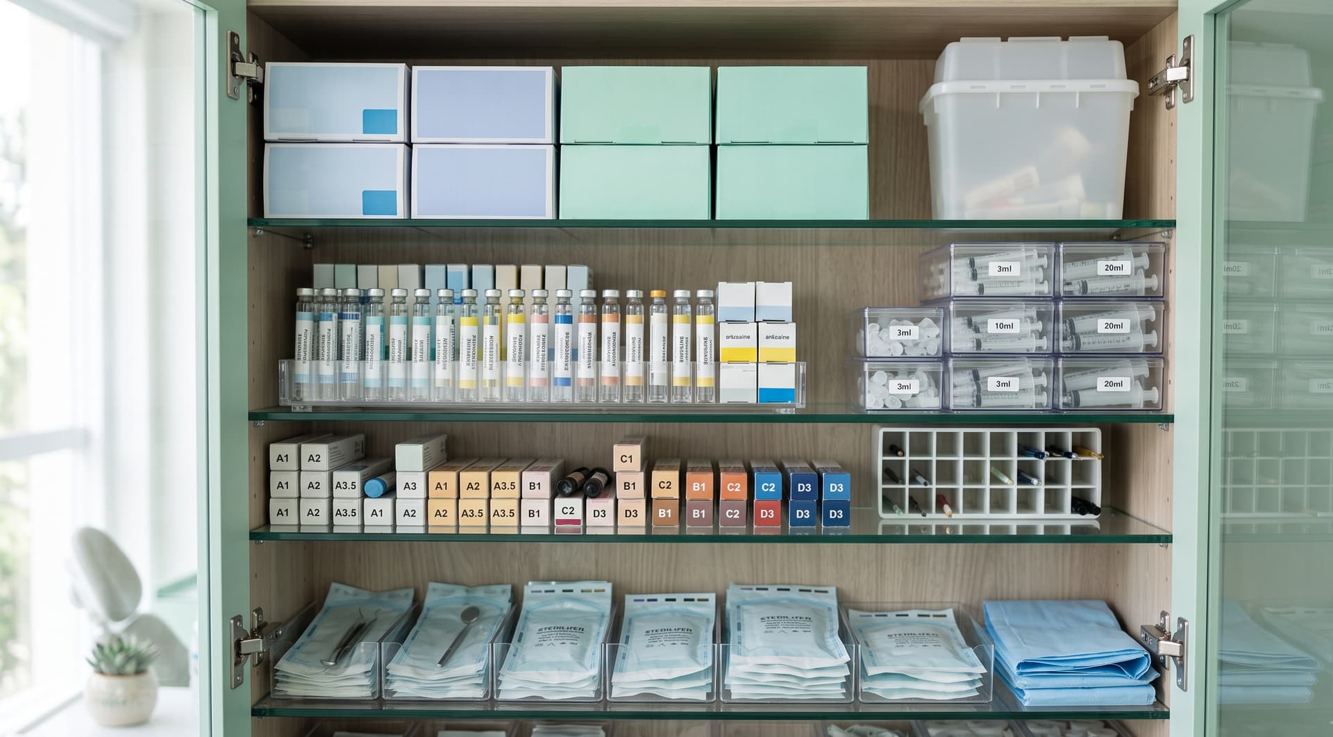 Armário de materiais de consultório odontológico organizado, com caixas de luvas, tubetes de anestésico, resinas e envelopes de esterilização nas prateleiras.