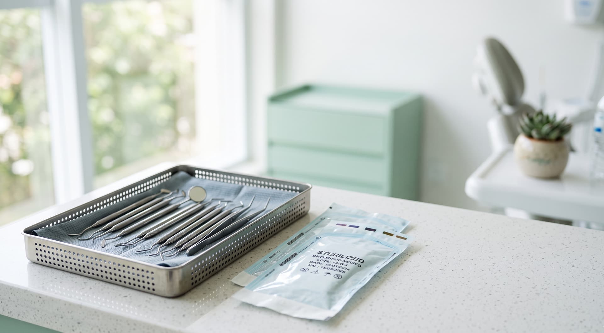 Bandeja de instrumentais odontológicos esterilizados sobre a bancada do consultório, ao lado de dois envelopes de esterilização selados.