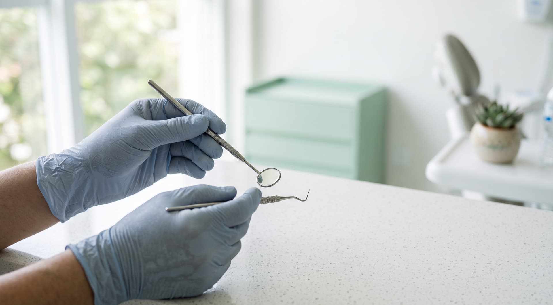 Mãos de dentista com luva segurando instrumental durante um atendimento.